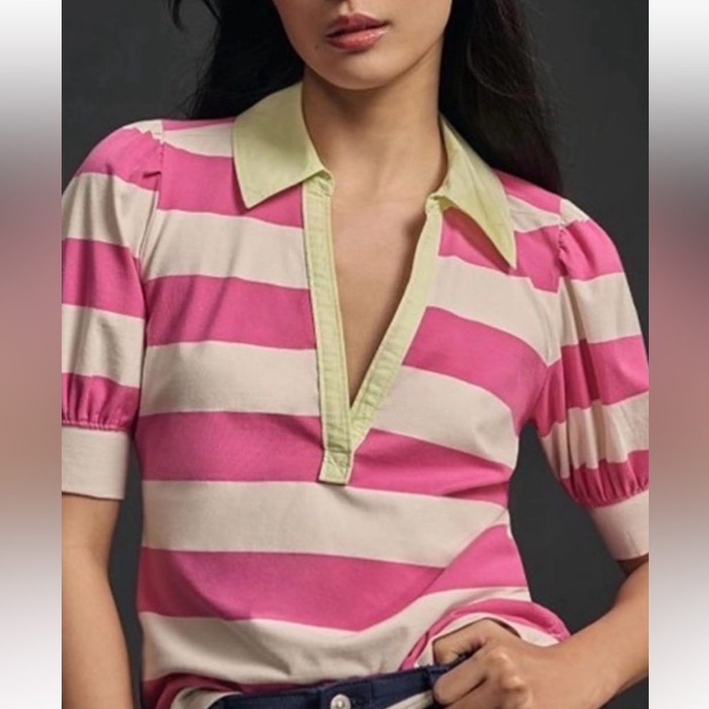 Maeve by Anthropologie Puff Sleeve Polo Blouse Top pink and white, siz XL